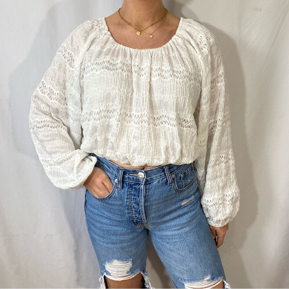 NWT Zara White Lace Cropped Balloon Sleeve Top Size Small